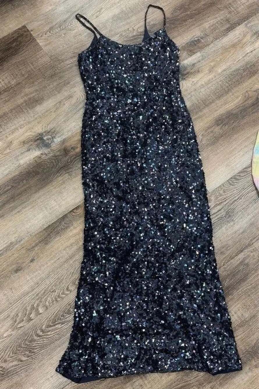 Papell Boutique Evening navy blue sequin dress, size 8.